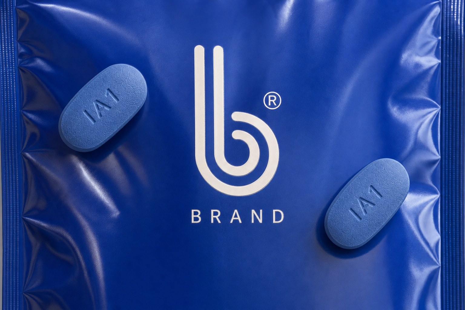 Close-up of the B Brand logo on the sildenafil pouch beside two tablets