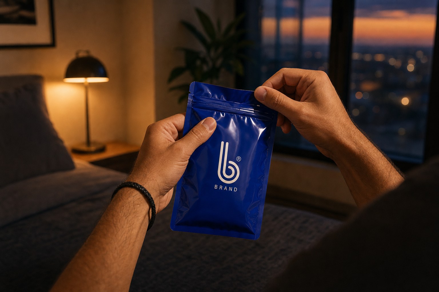 Opening a sildenafil pouch in a bedroom at dusk