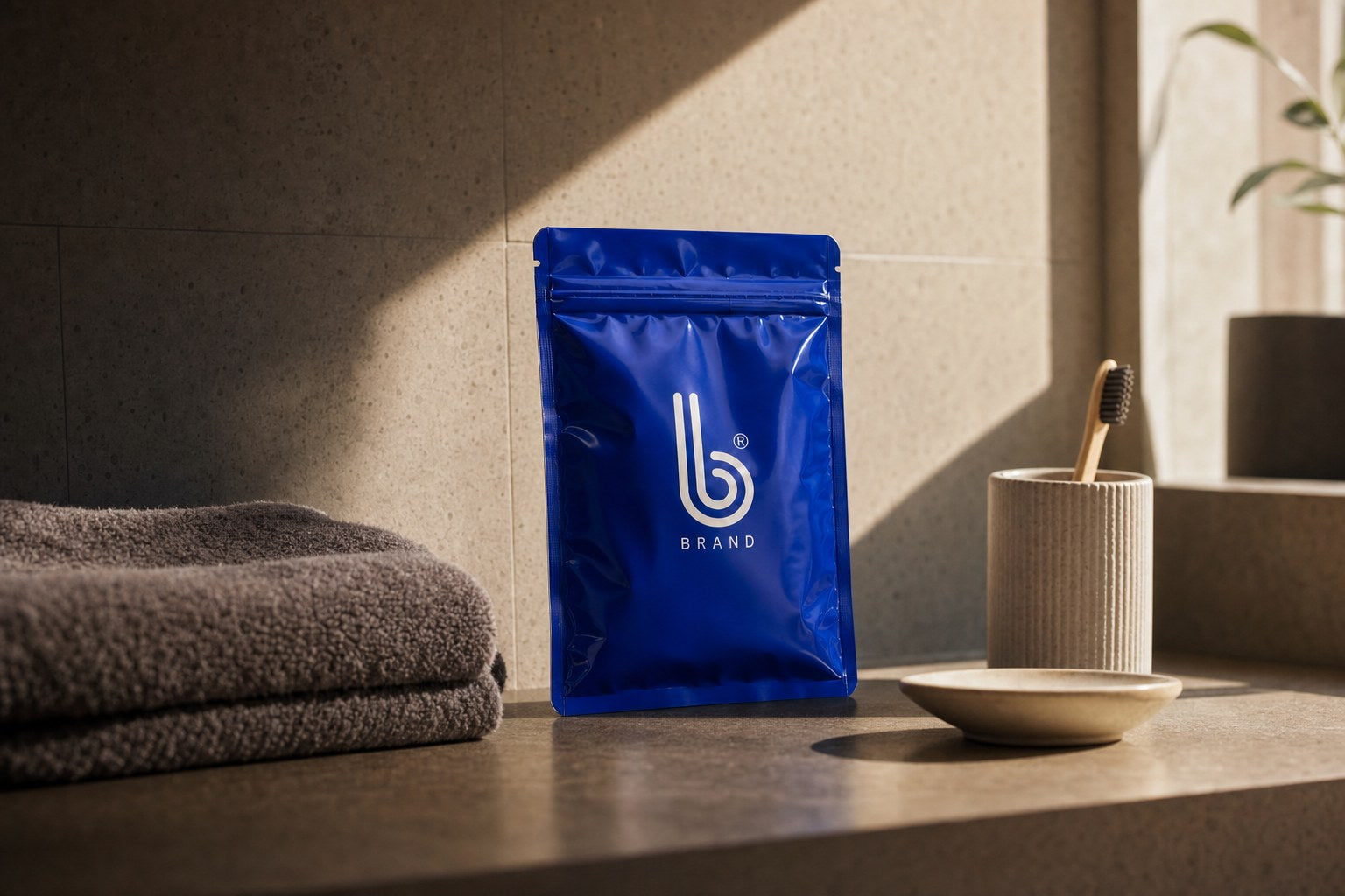 Sildenafil pouch on a bathroom shelf in morning light