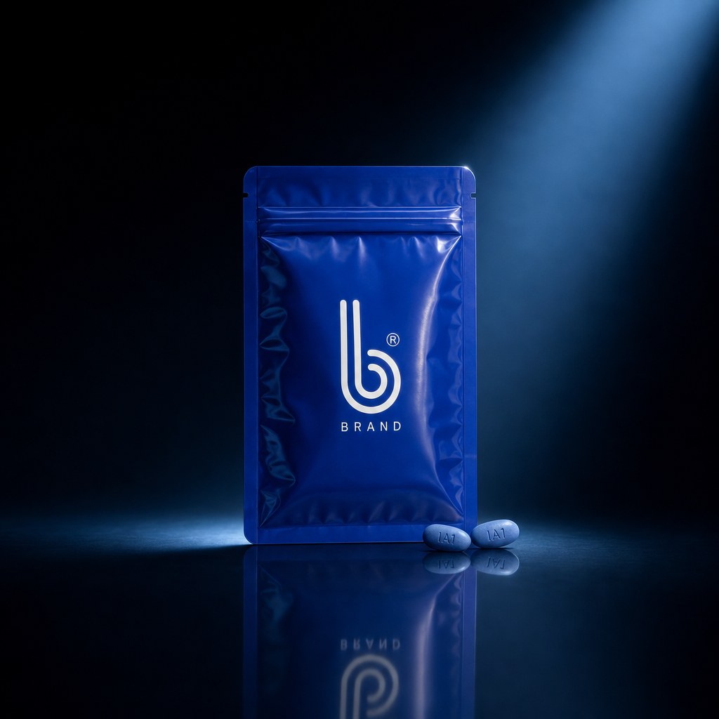 Sildenafil pouch lit from behind in a dark studio
