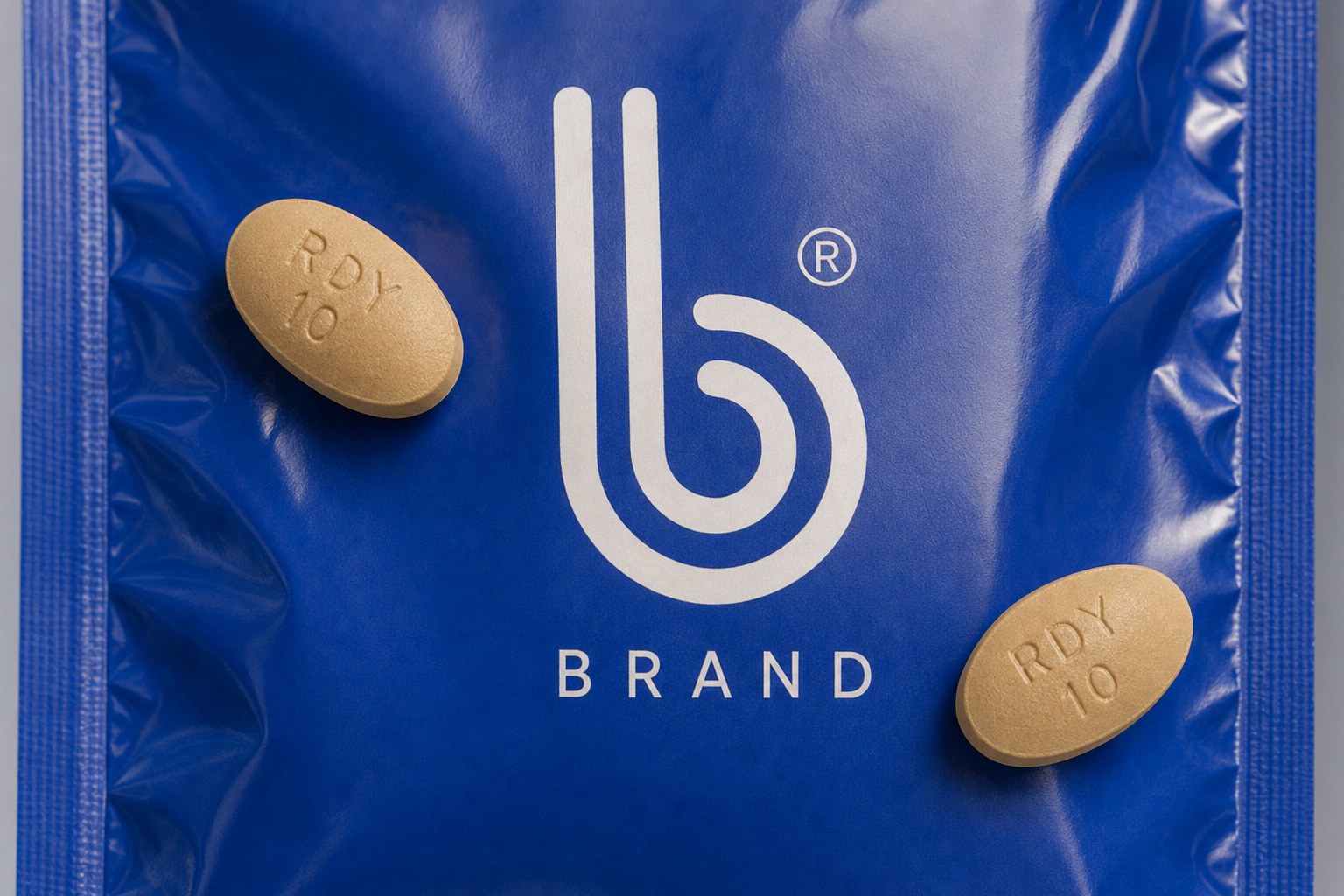 Close-up of the B Brand logo on the tadalafil pouch beside two RDY 10 tablets