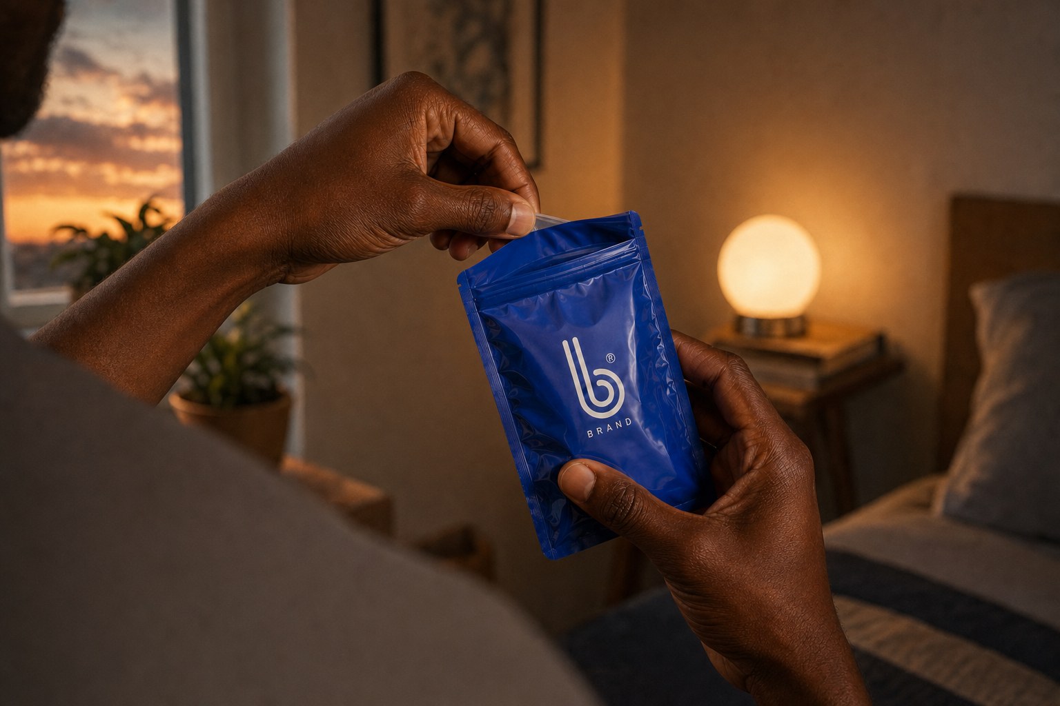 Opening a tadalafil pouch in a bedroom at dusk