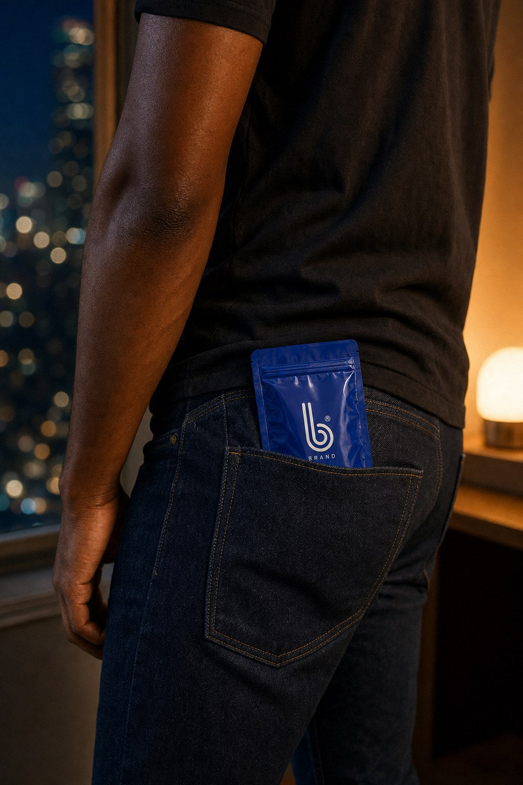 Tadalafil pouch tucked into a back jeans pocket