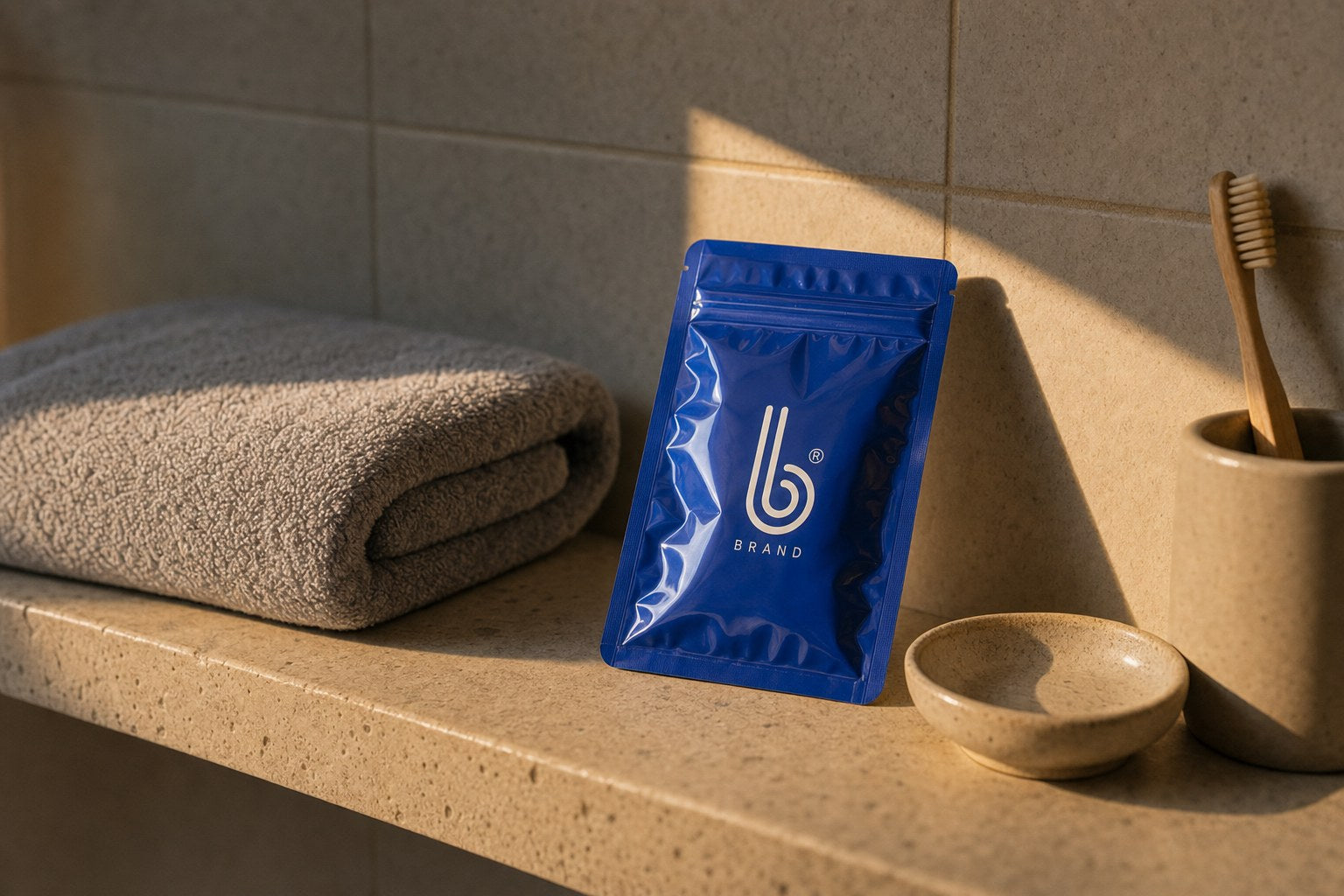 Tadalafil pouch on a bathroom shelf in morning light