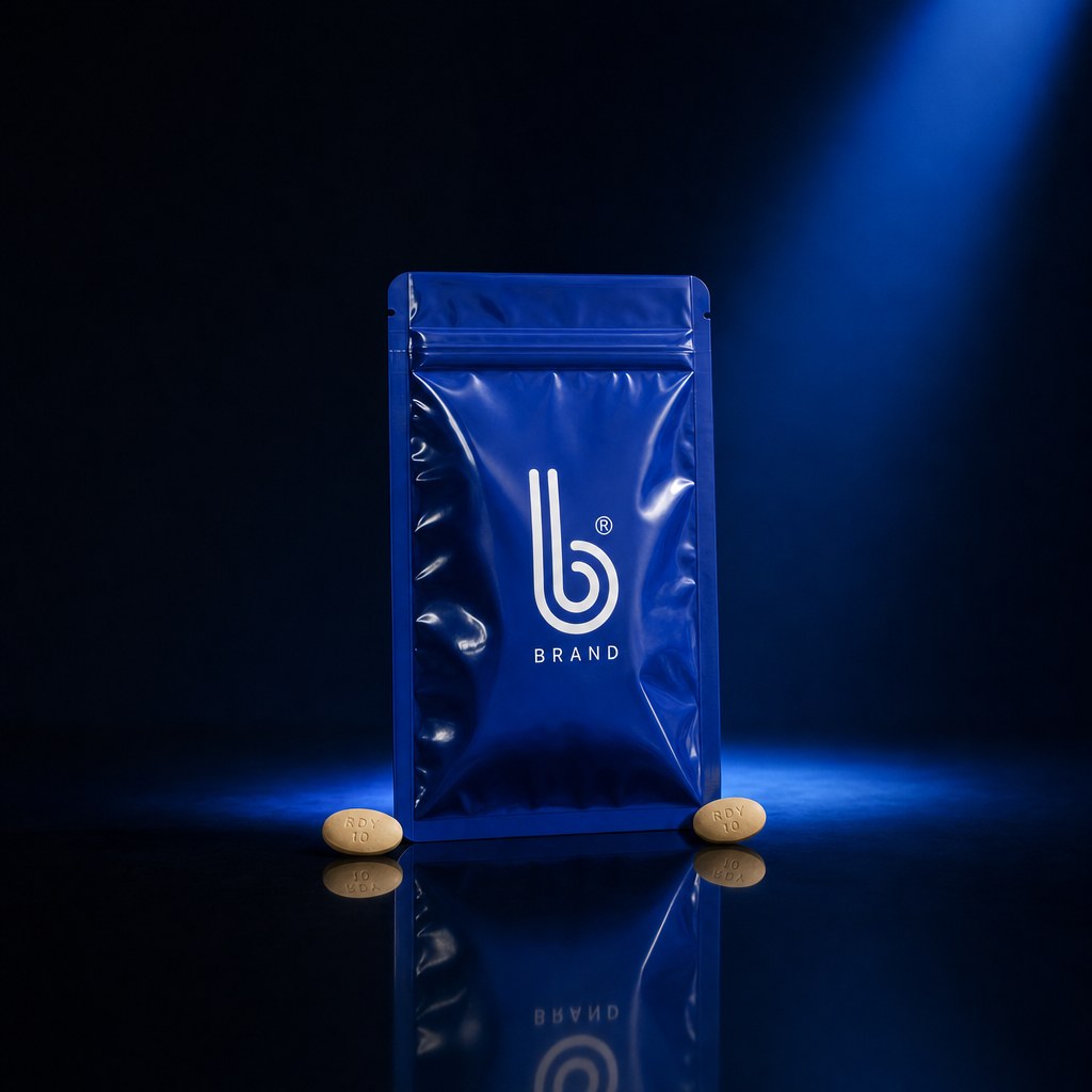 Tadalafil pouch lit from behind in a dark studio with two tablets in front